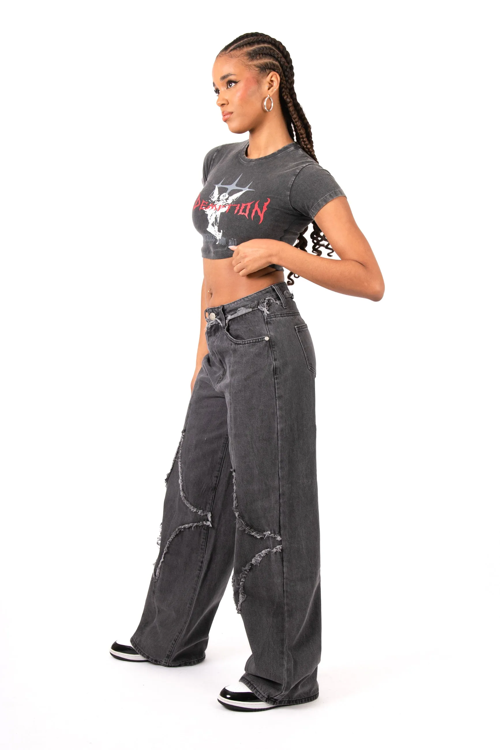 Acid-Wash Grey 'Redemption' Motif Cropped T-Shirt
