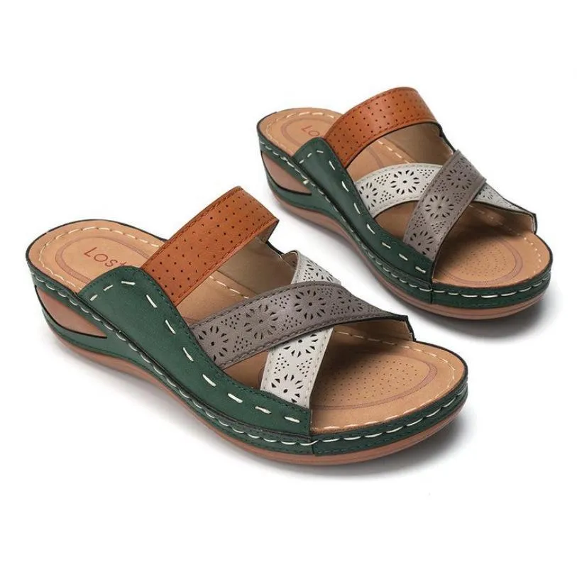 Chicvane Color Block Criss Cross Slides Shoes Wedge Sandals