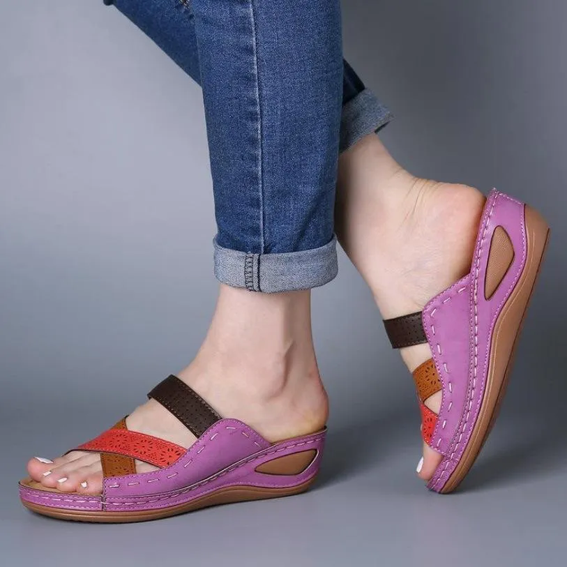 Chicvane Color Block Criss Cross Slides Shoes Wedge Sandals