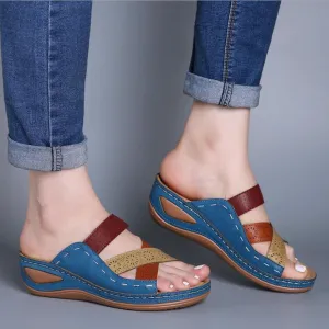 Chicvane Color Block Criss Cross Slides Shoes Wedge Sandals