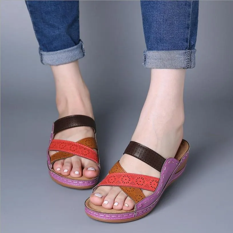 Chicvane Color Block Criss Cross Slides Shoes Wedge Sandals