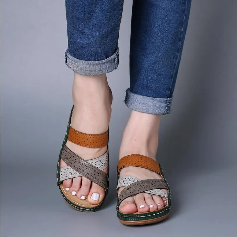 Chicvane Color Block Criss Cross Slides Shoes Wedge Sandals