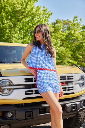Coastal Blue Gingham Sleeveless Short Set with Ric-Rac