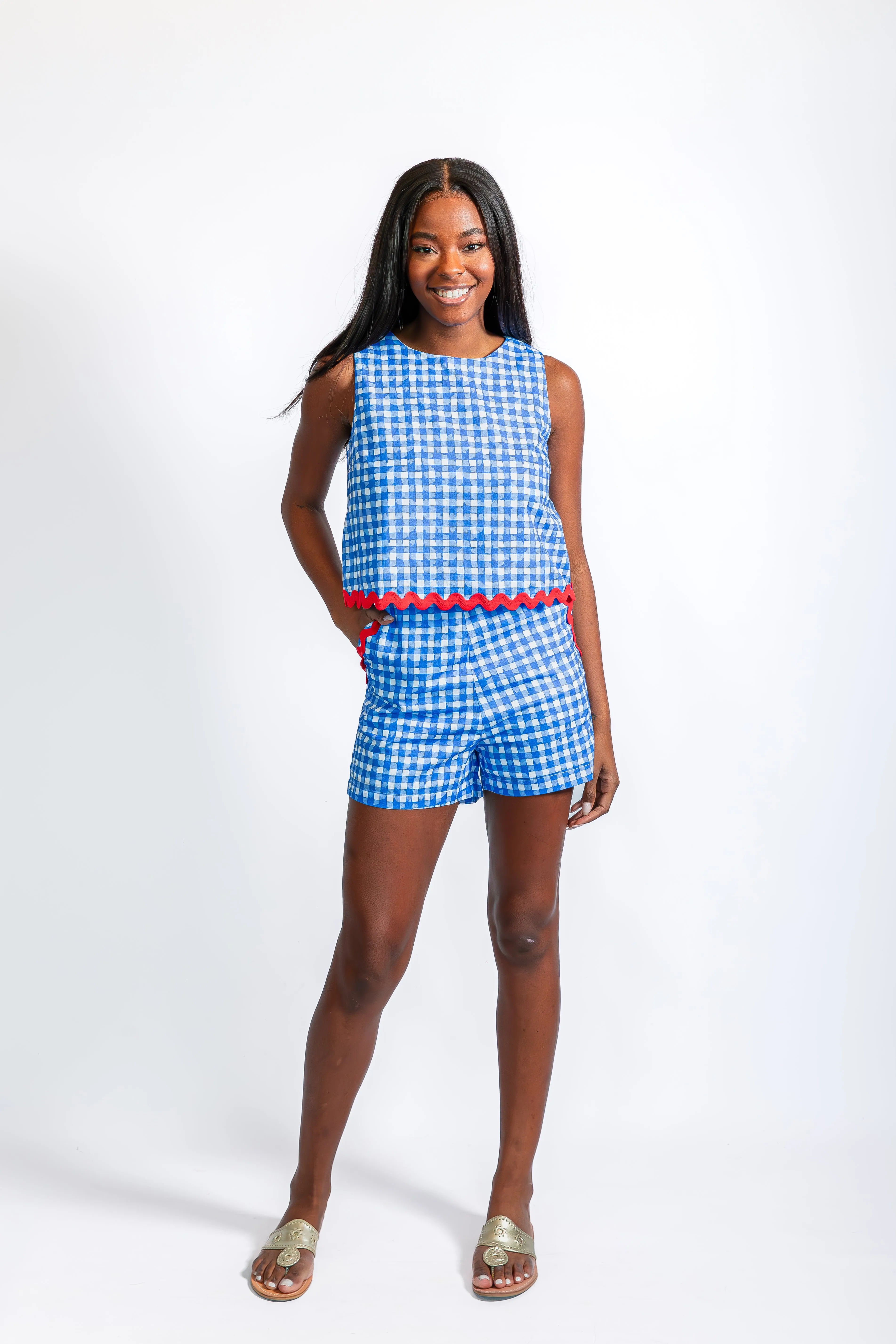 Coastal Blue Gingham Sleeveless Short Set with Ric-Rac