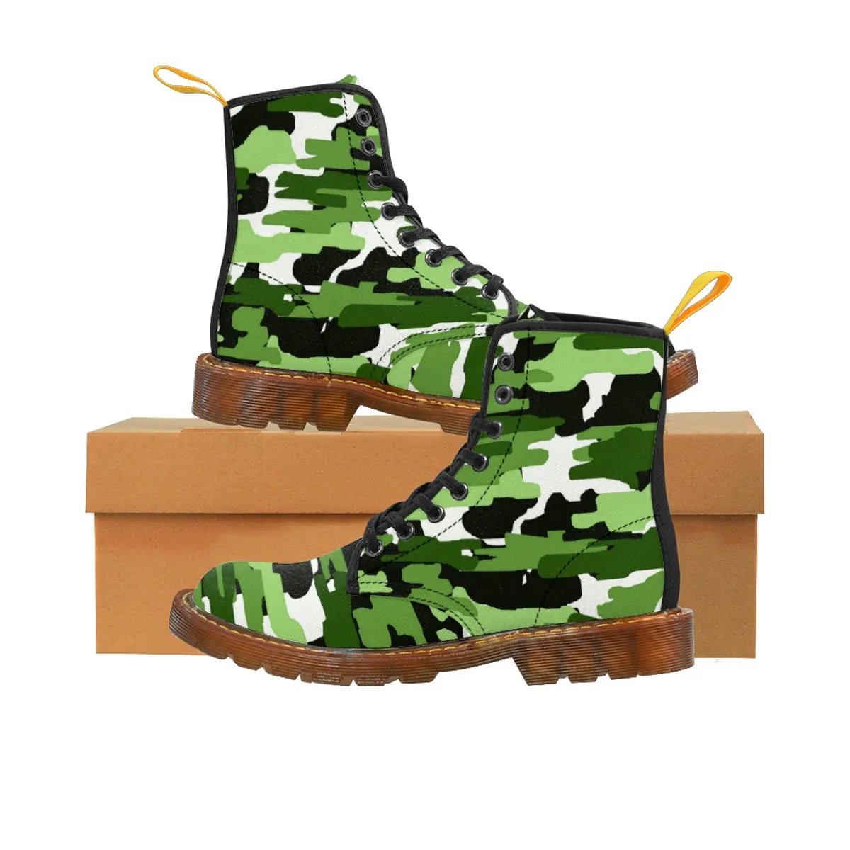 Green White Camo Men's Boots, Camouflage Military Army Print Canvas Winter Boots
