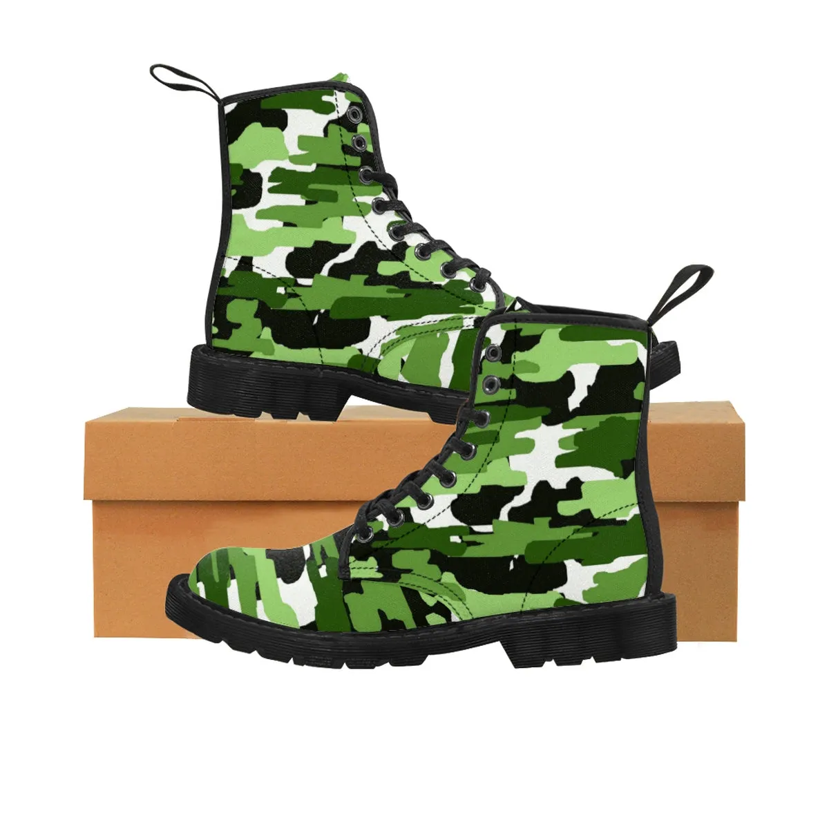 Green White Camo Men's Boots, Camouflage Military Army Print Canvas Winter Boots
