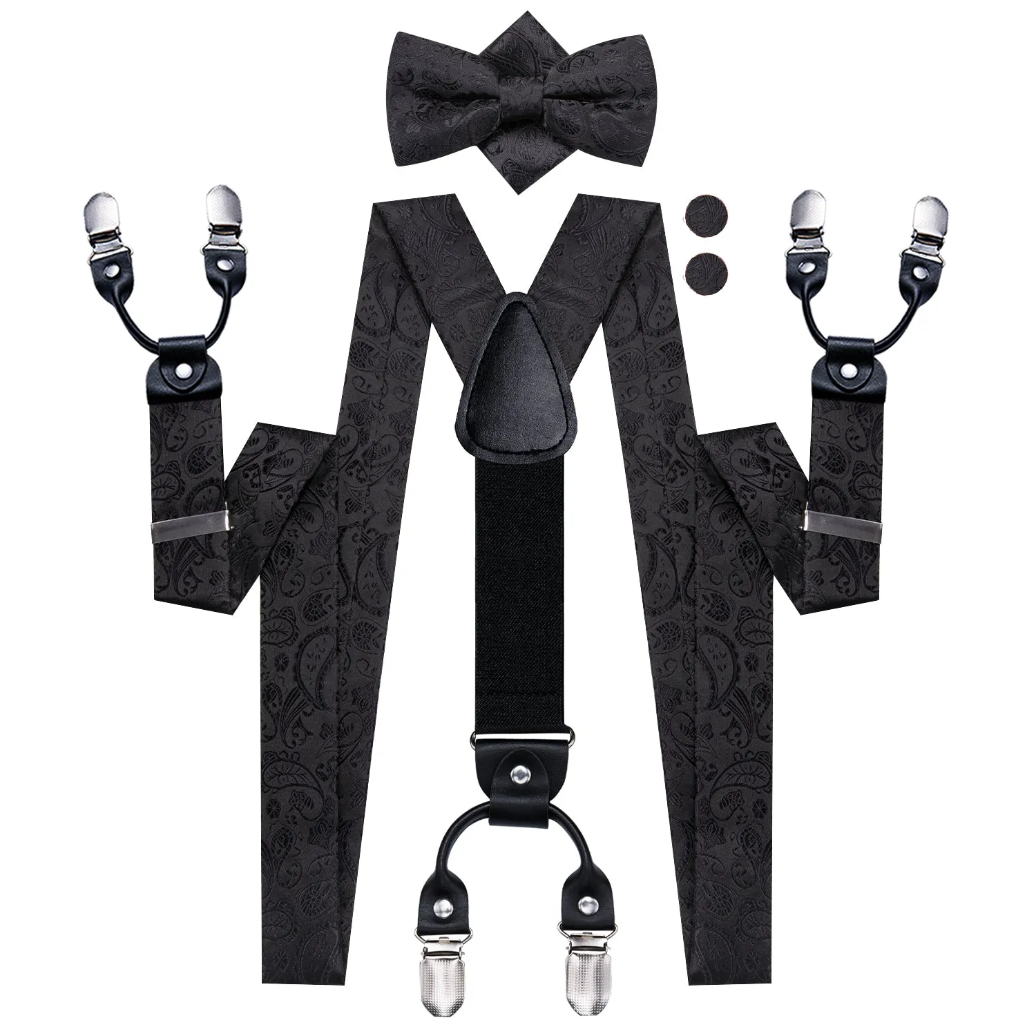 Hi-Tie Black Paisley Suspender Bowtie Hanky Cufflinks Set for Men