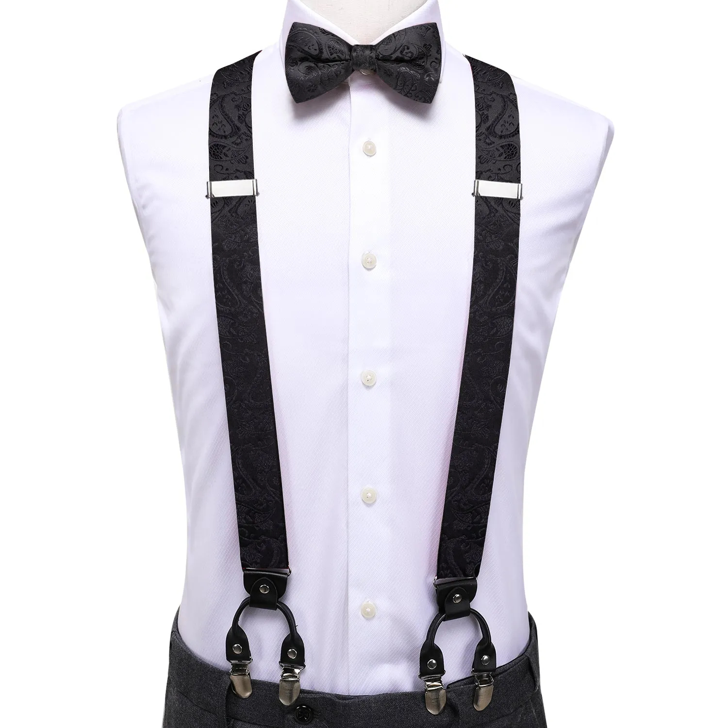Hi-Tie Black Paisley Suspender Bowtie Hanky Cufflinks Set for Men