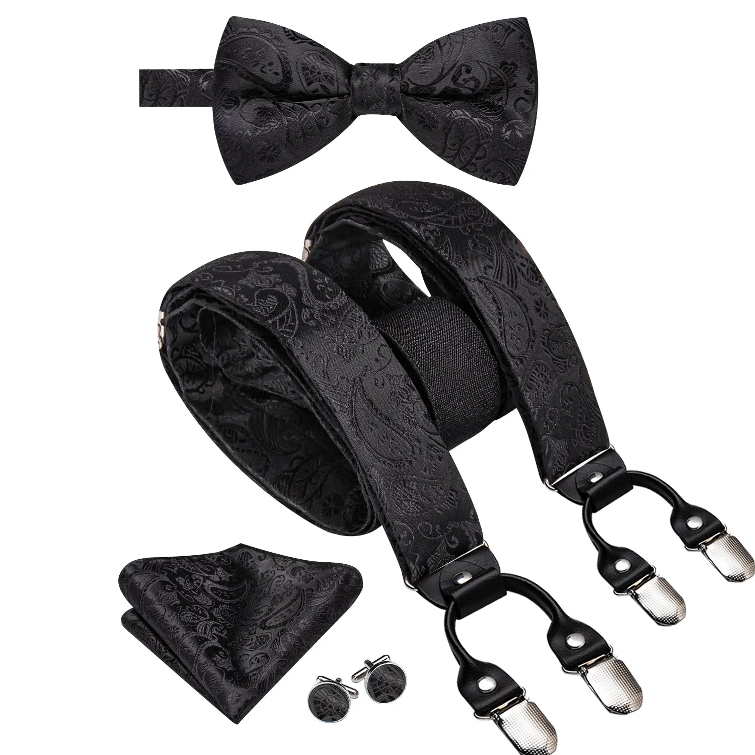 Hi-Tie Black Paisley Suspender Bowtie Hanky Cufflinks Set for Men