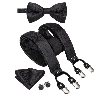 Hi-Tie Black Paisley Suspender Bowtie Hanky Cufflinks Set for Men