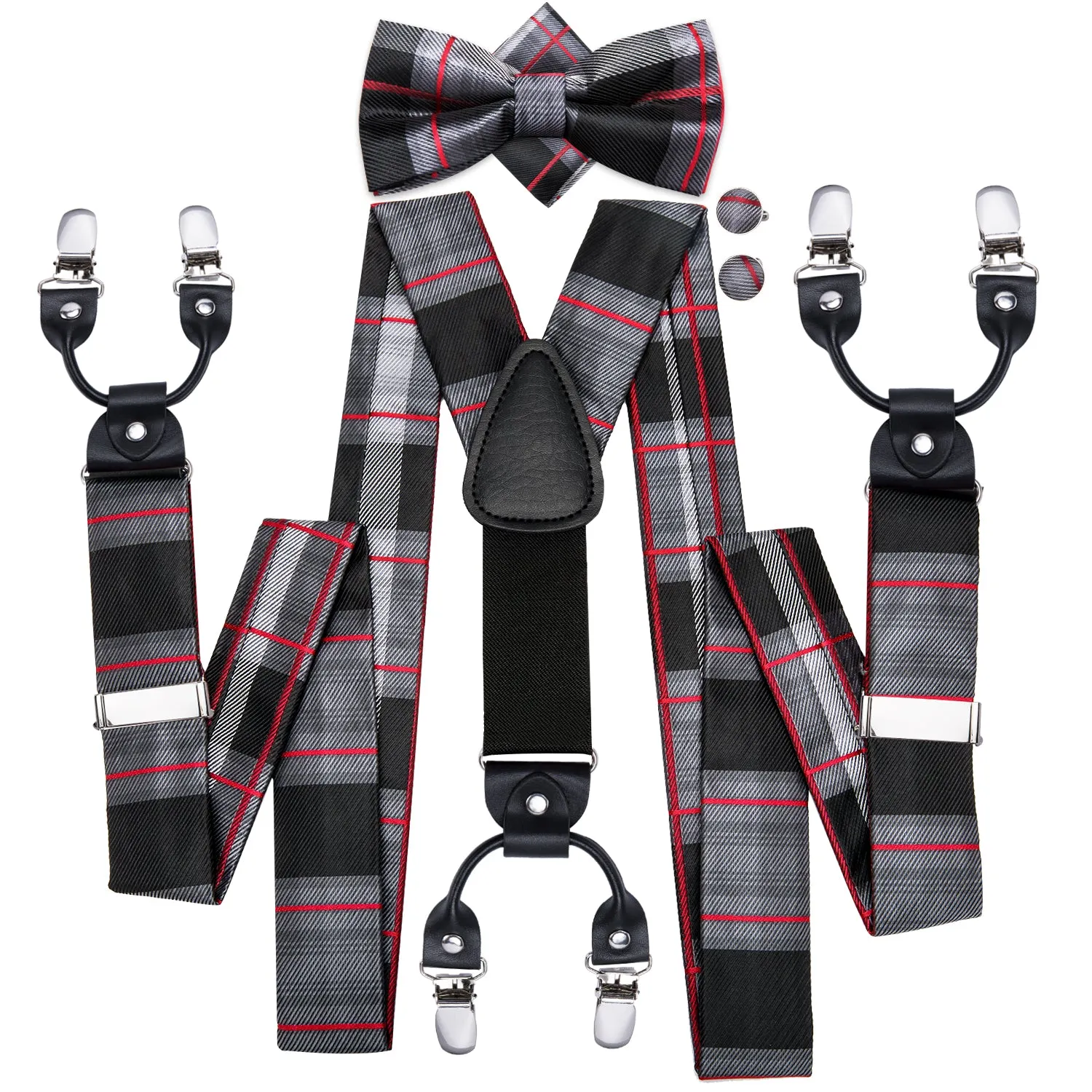 Hi-Tie Grey and Black Striped Suspender Bow Tie Hanky Cufflinks Set