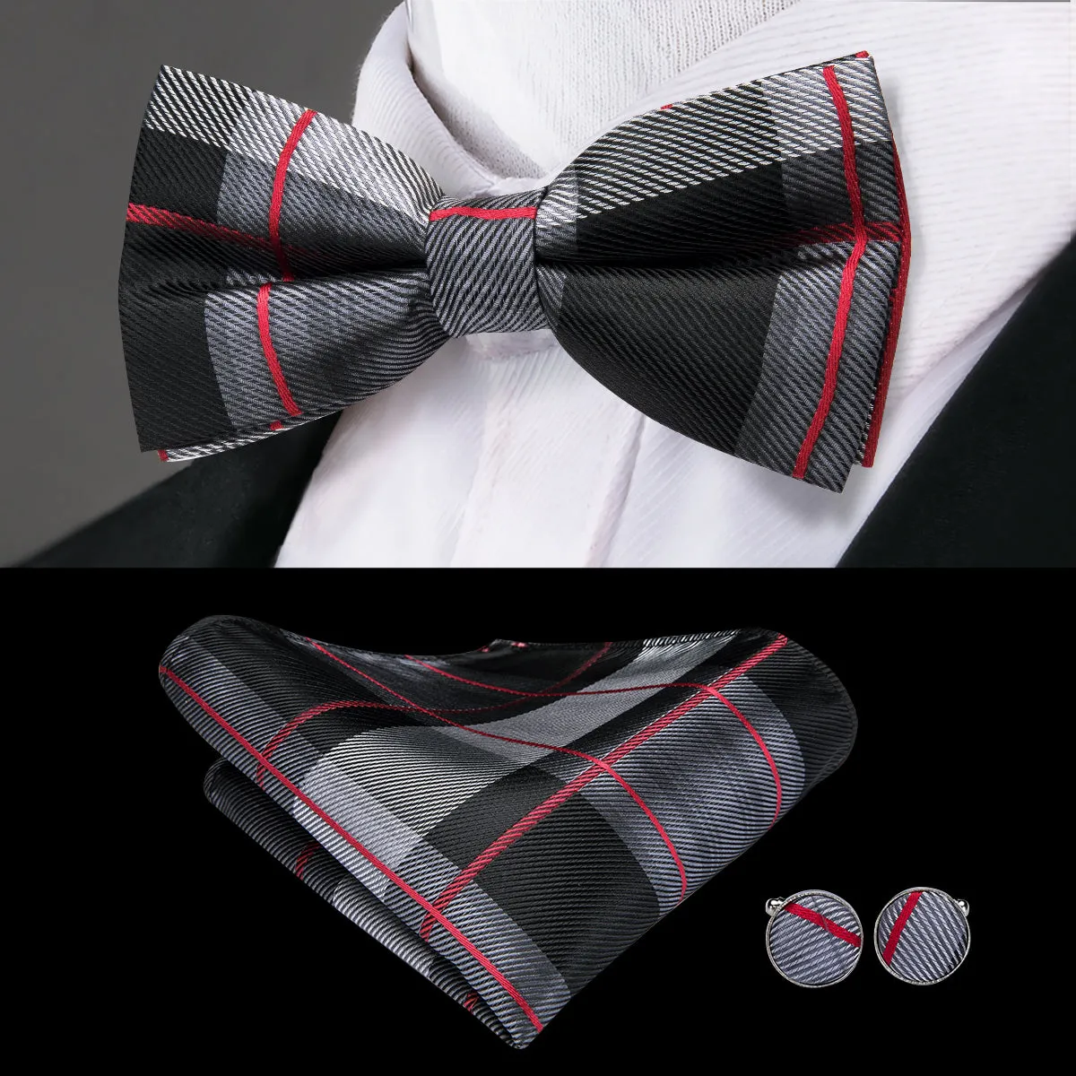 Hi-Tie Grey and Black Striped Suspender Bow Tie Hanky Cufflinks Set