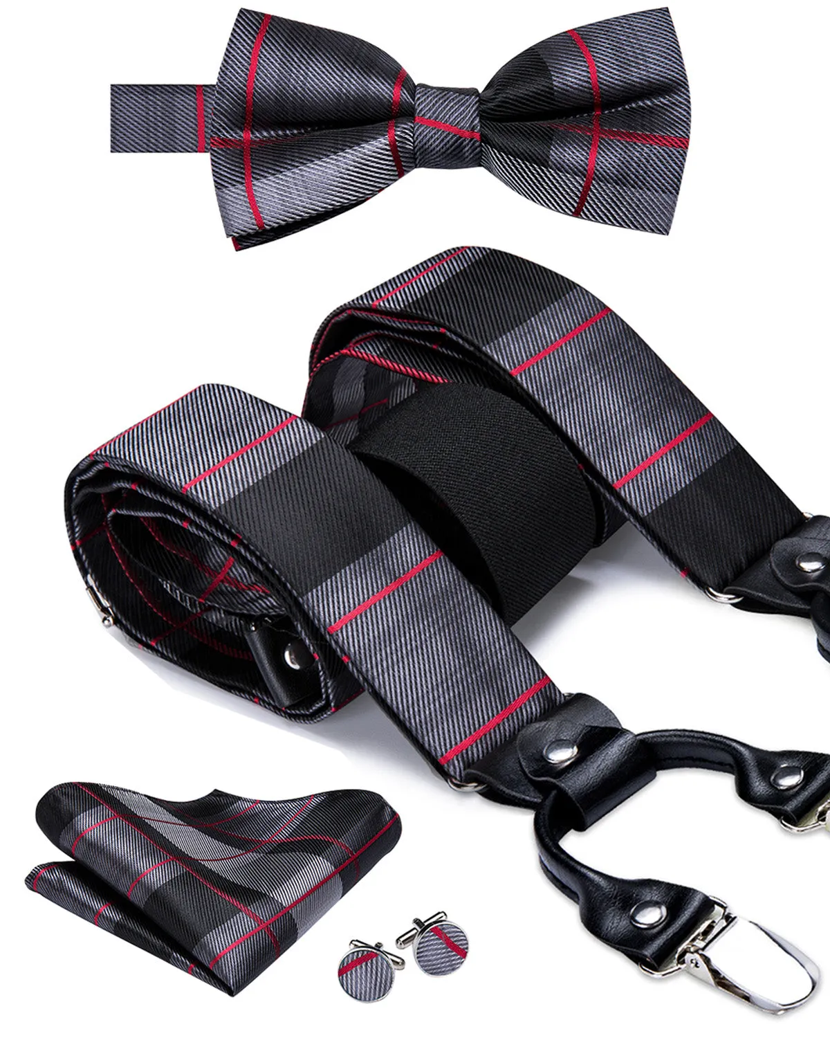 Hi-Tie Grey and Black Striped Suspender Bow Tie Hanky Cufflinks Set