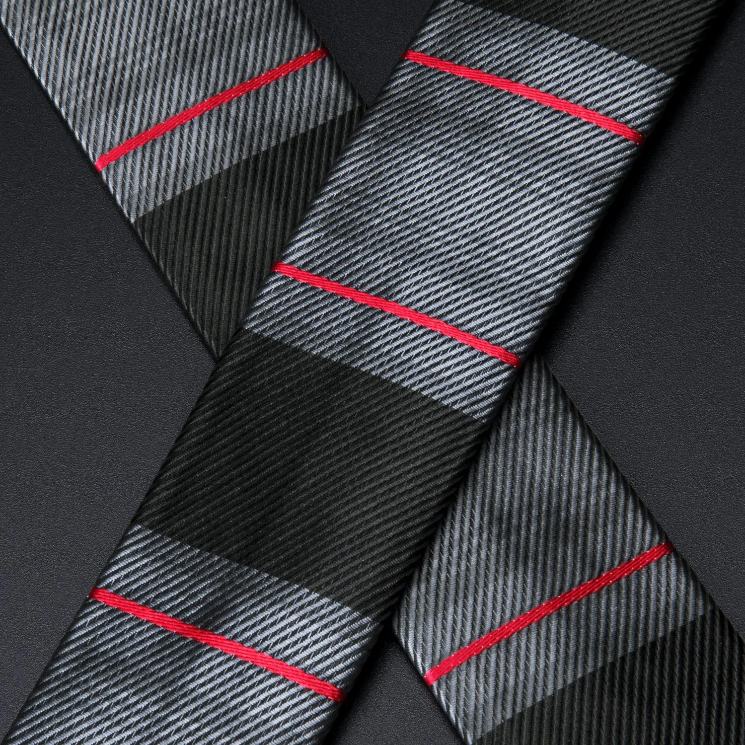 Hi-Tie Grey and Black Striped Suspender Bow Tie Hanky Cufflinks Set