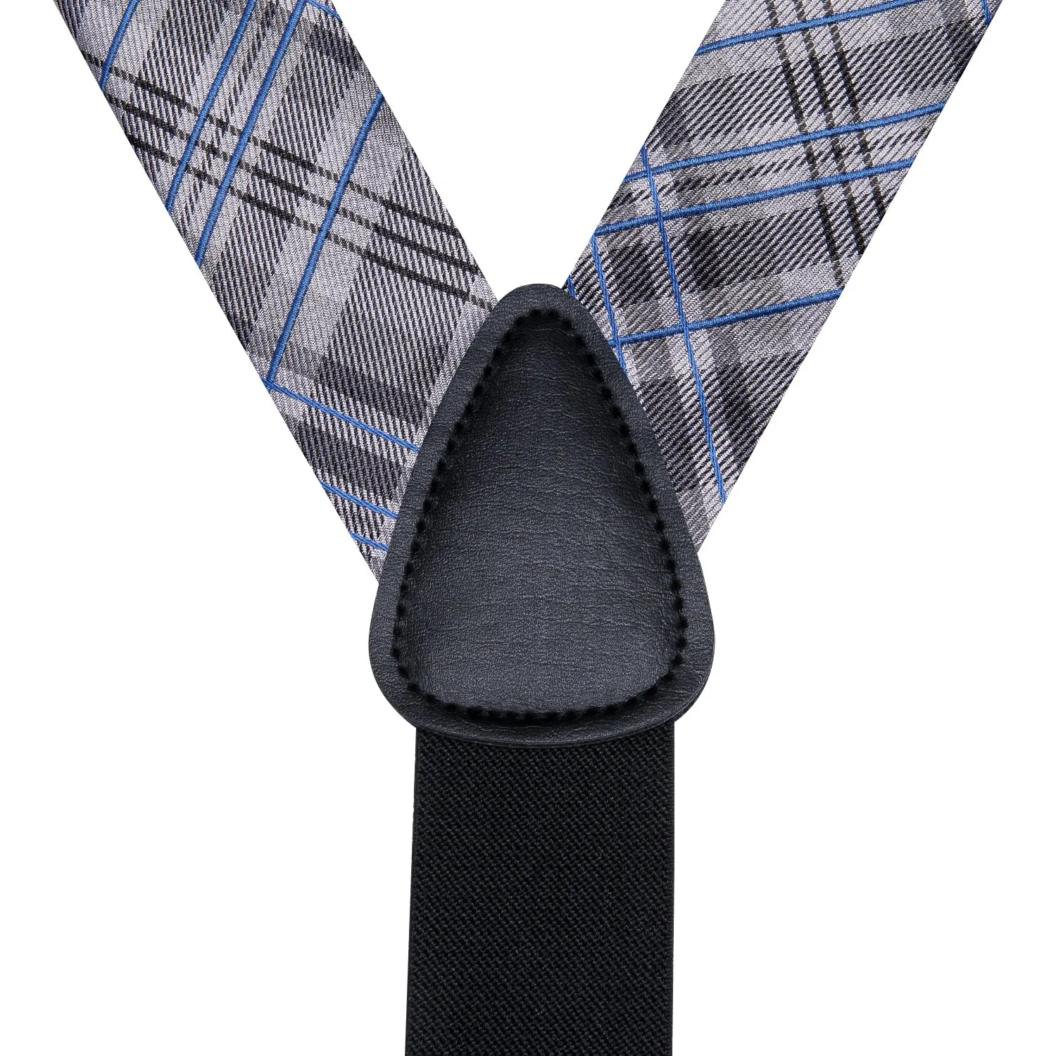 Hi-Tie Grey Blue Plaid Suspender Mens Silk Bow Tie Hanky Cufflinks Set