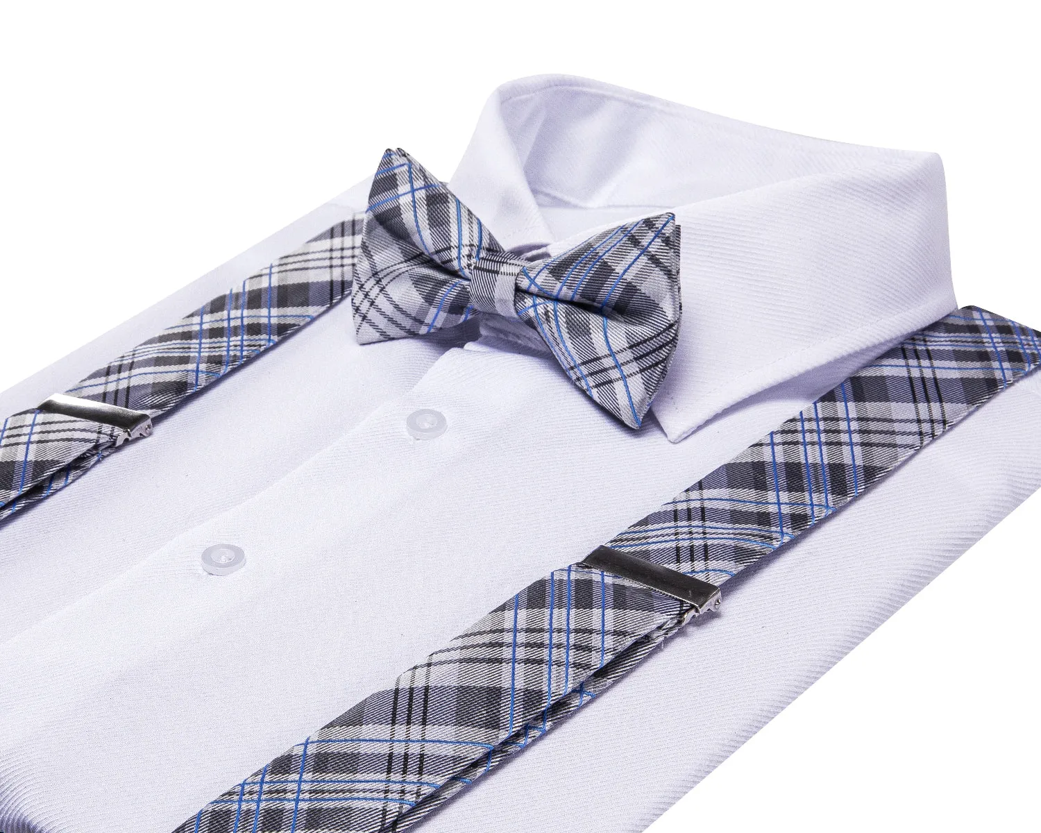 Hi-Tie Grey Blue Plaid Suspender Mens Silk Bow Tie Hanky Cufflinks Set