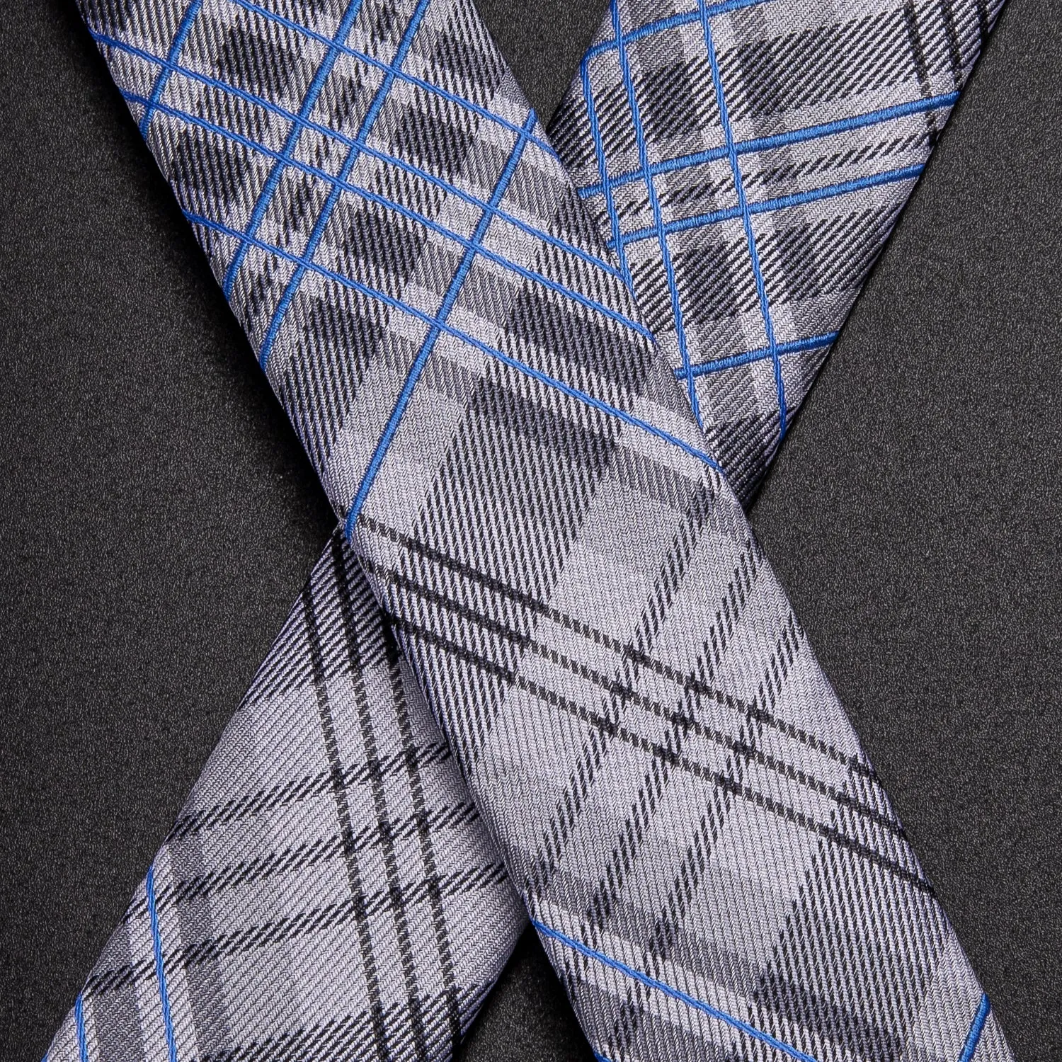 Hi-Tie Grey Blue Plaid Suspender Mens Silk Bow Tie Hanky Cufflinks Set