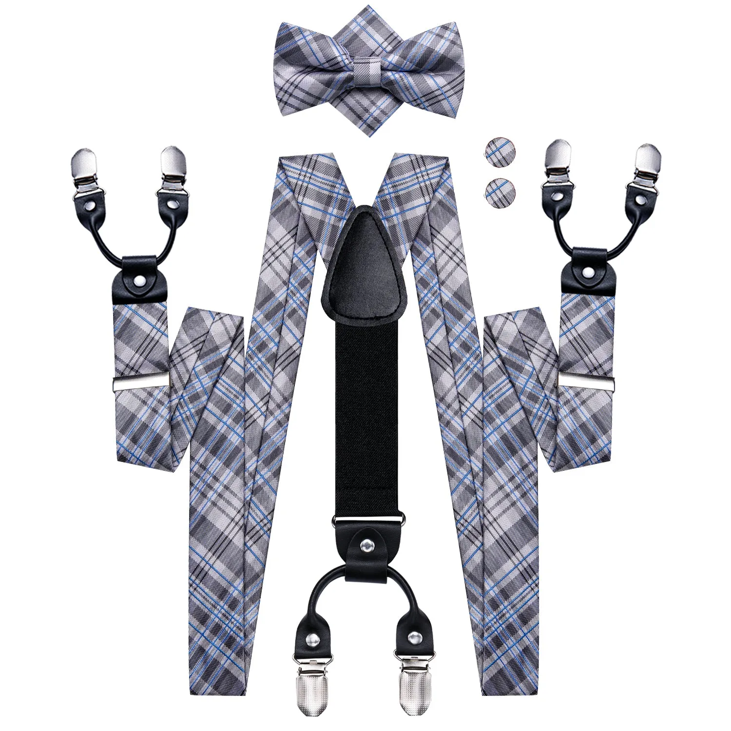Hi-Tie Grey Blue Plaid Suspender Mens Silk Bow Tie Hanky Cufflinks Set