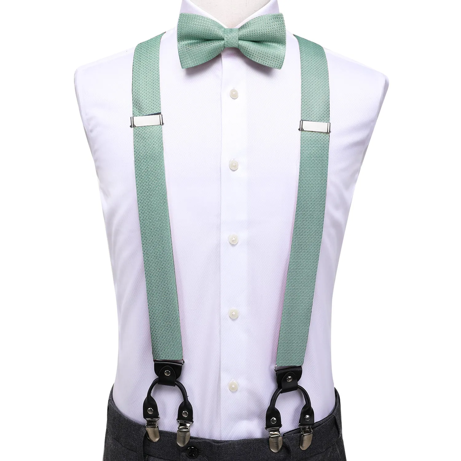 Hi-Tie Mint Green Solid Suspender Bowtie Hanky Cufflinks Set