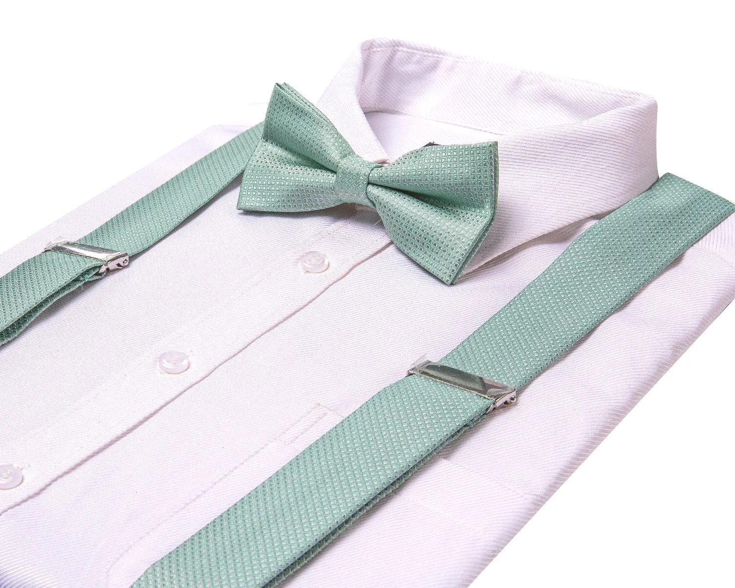 Hi-Tie Mint Green Solid Suspender Bowtie Hanky Cufflinks Set