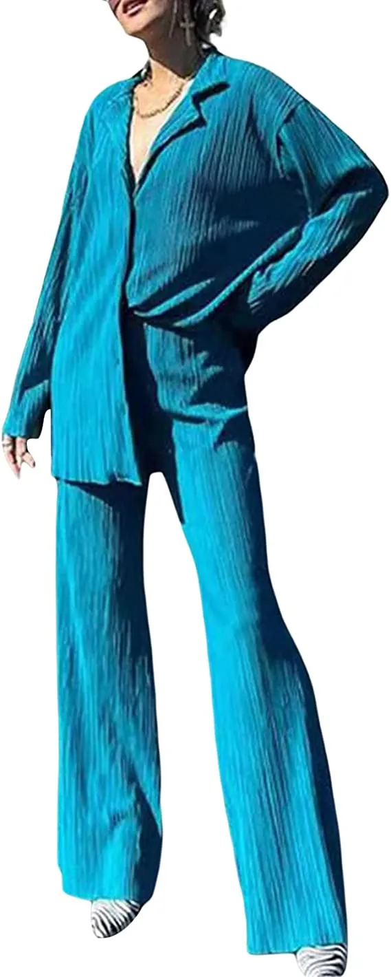 Ladies Solid Color Drape Loose Silky Wrinkled Casual Two-piece Set