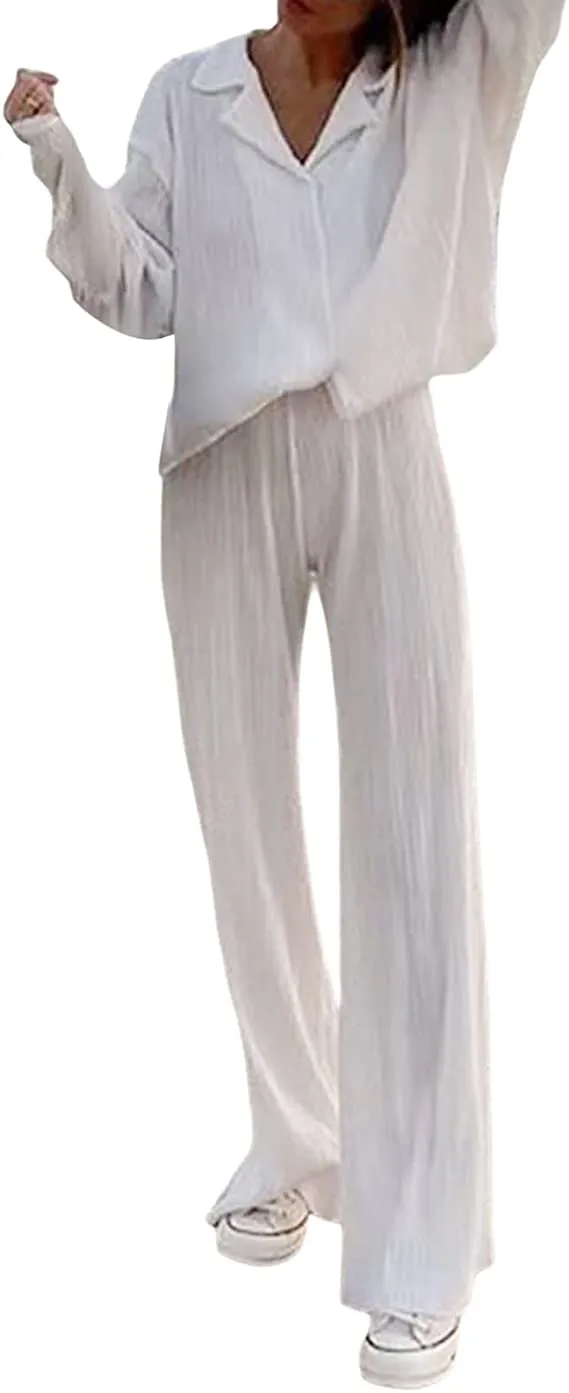 Ladies Solid Color Drape Loose Silky Wrinkled Casual Two-piece Set