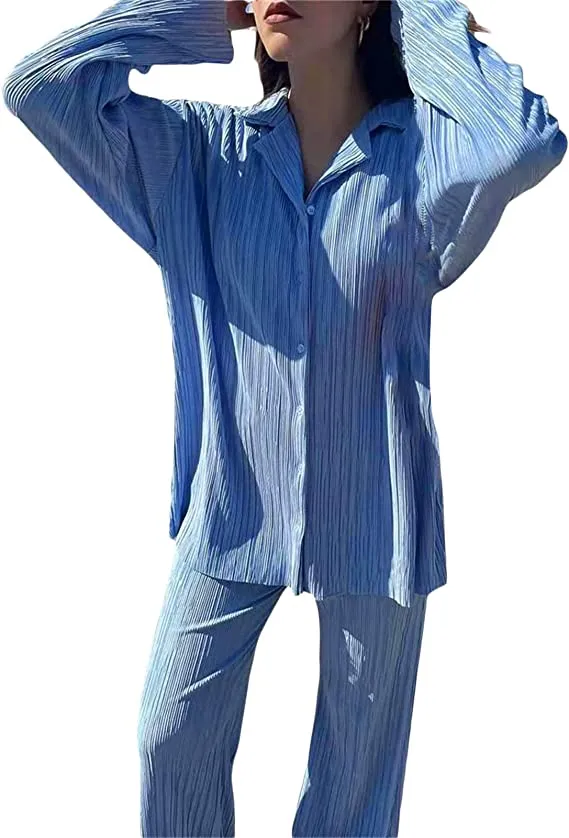 Ladies Solid Color Drape Loose Silky Wrinkled Casual Two-piece Set