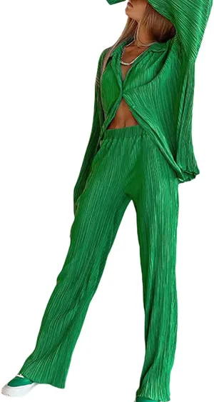 Ladies Solid Color Drape Loose Silky Wrinkled Casual Two-piece Set