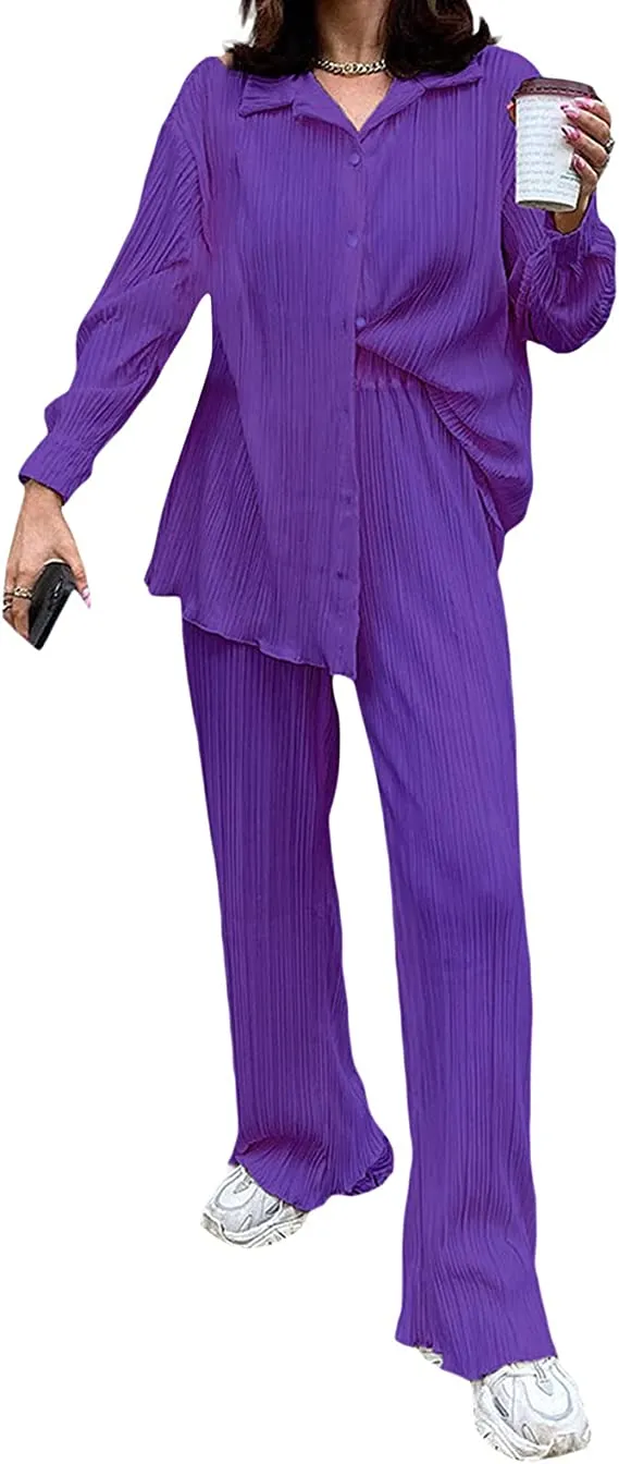 Ladies Solid Color Drape Loose Silky Wrinkled Casual Two-piece Set