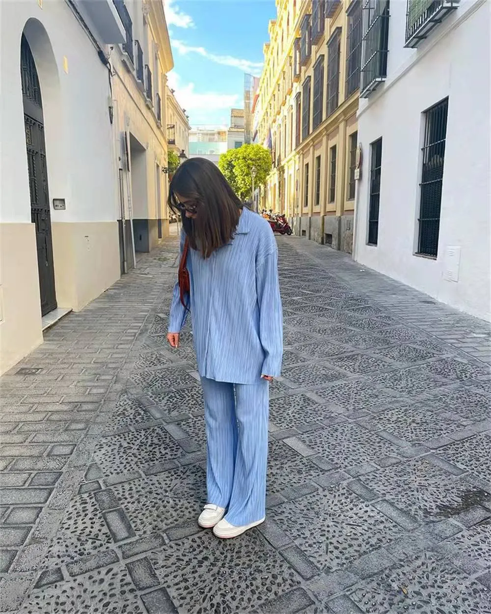 Ladies Solid Color Drape Loose Silky Wrinkled Casual Two-piece Set