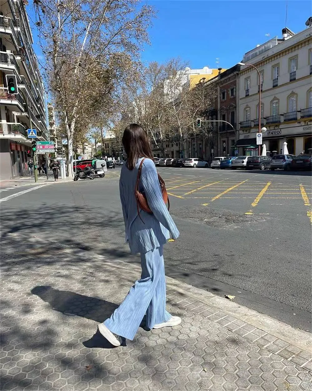Ladies Solid Color Drape Loose Silky Wrinkled Casual Two-piece Set