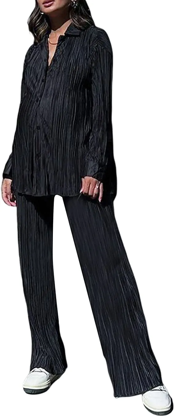 Ladies Solid Color Drape Loose Silky Wrinkled Casual Two-piece Set
