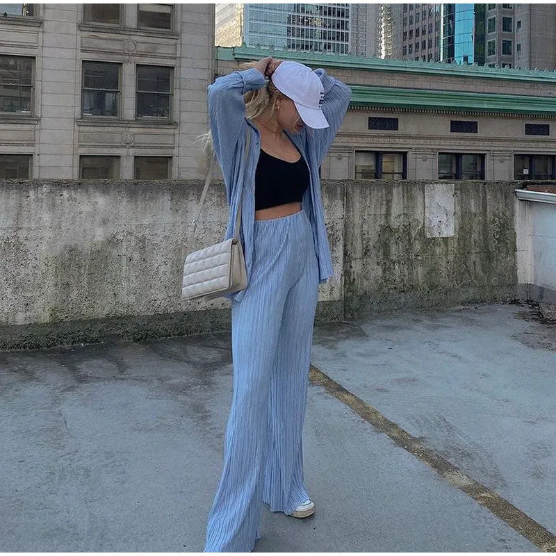 Ladies Solid Color Drape Loose Silky Wrinkled Casual Two-piece Set