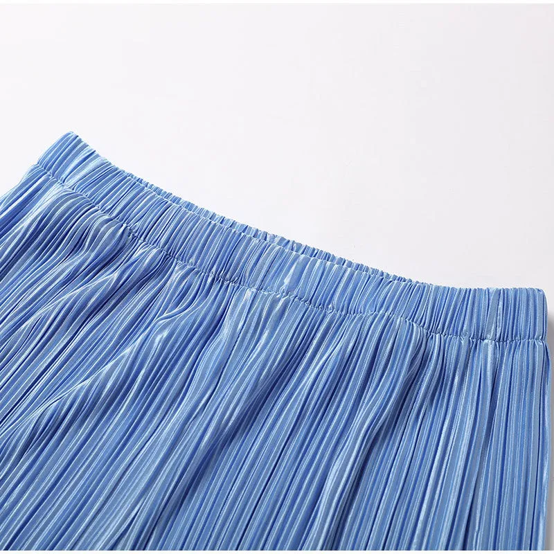 Ladies Solid Color Drape Loose Silky Wrinkled Casual Two-piece Set