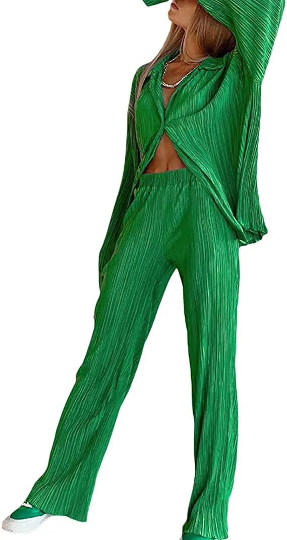 Ladies Solid Color Drape Loose Silky Wrinkled Casual Two-piece Set