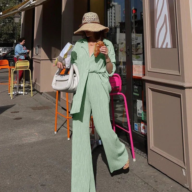 Ladies Solid Color Drape Loose Silky Wrinkled Casual Two-piece Set