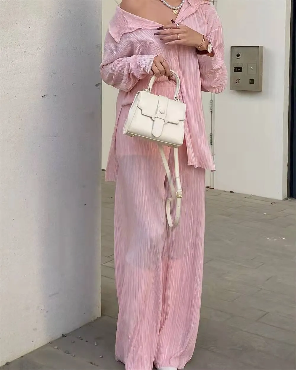 Ladies Solid Color Drape Loose Silky Wrinkled Casual Two-piece Set