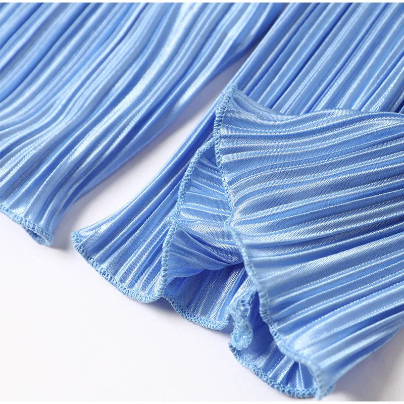 Ladies Solid Color Drape Loose Silky Wrinkled Casual Two-piece Set