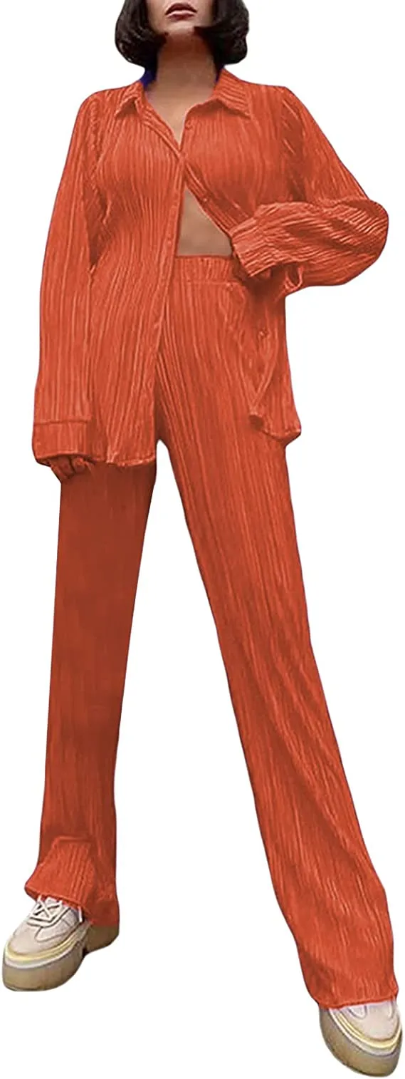Ladies Solid Color Drape Loose Silky Wrinkled Casual Two-piece Set