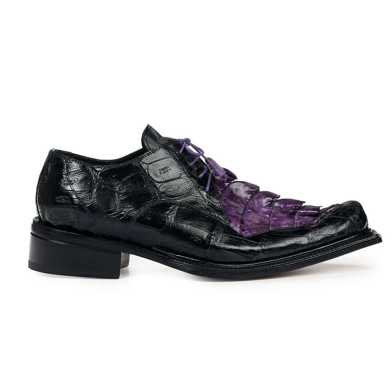 Mauri 44209 Men's Designer Shoes Exotic Skin Giotto Black & Violet Baby Croc & Hornback Tail Oxfords (MA4821)