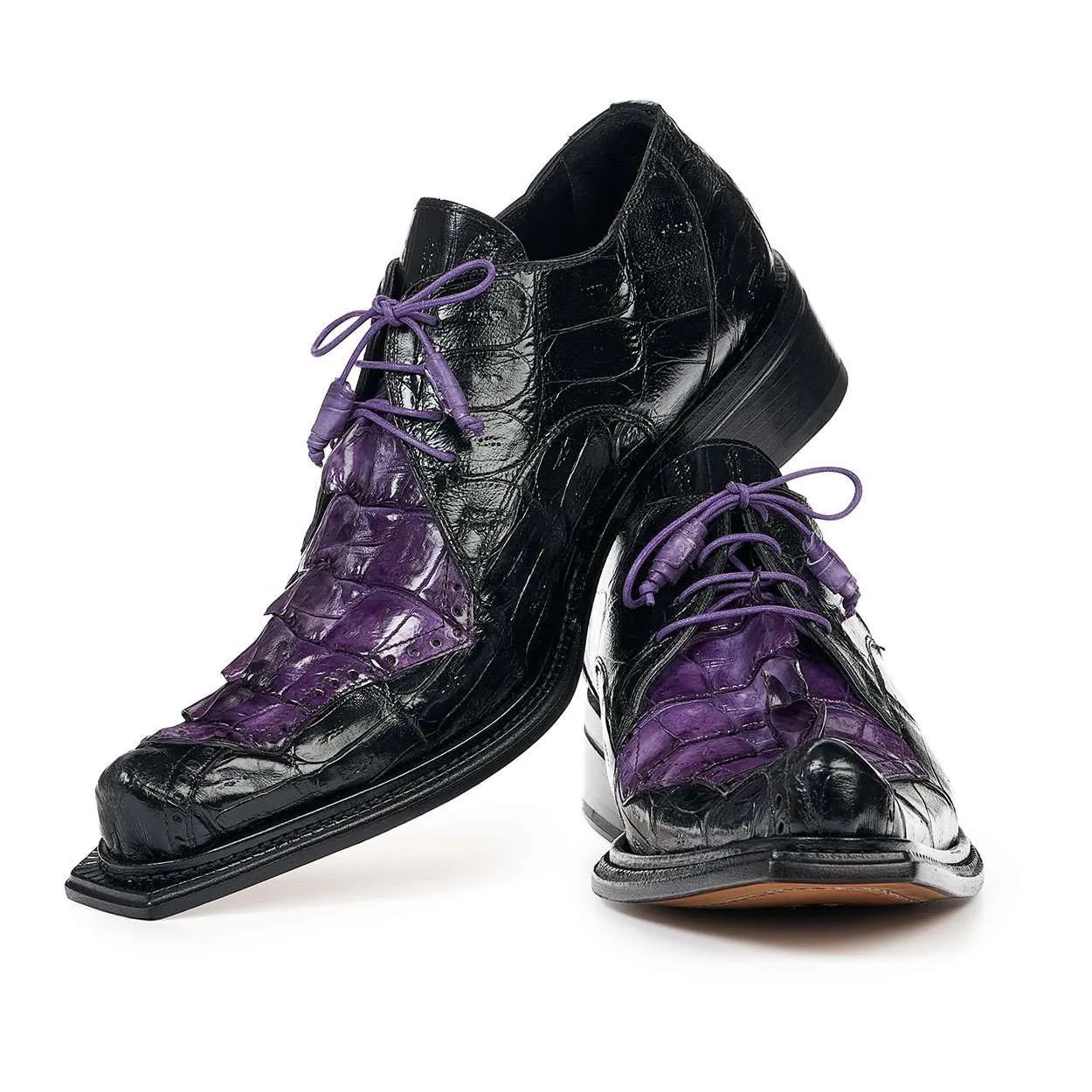 Mauri 44209 Men's Designer Shoes Exotic Skin Giotto Black & Violet Baby Croc & Hornback Tail Oxfords (MA4821)