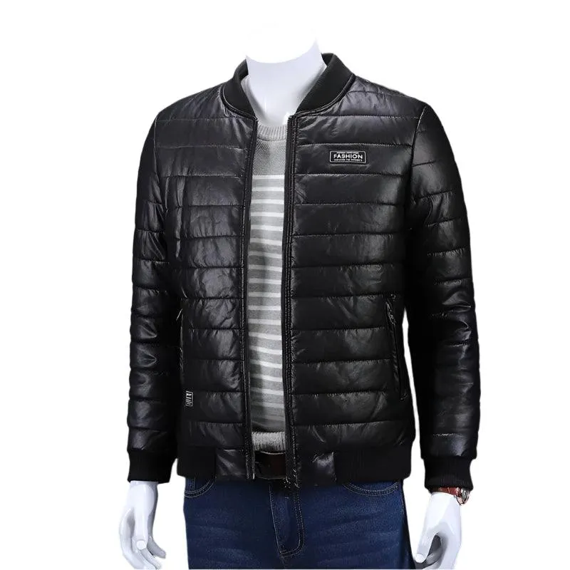 Men's Casual Slim Fit Plus Size Thick Winter Windbreaker PU Leather Jacket Coat