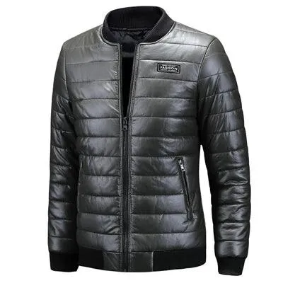 Men's Casual Slim Fit Plus Size Thick Winter Windbreaker PU Leather Jacket Coat