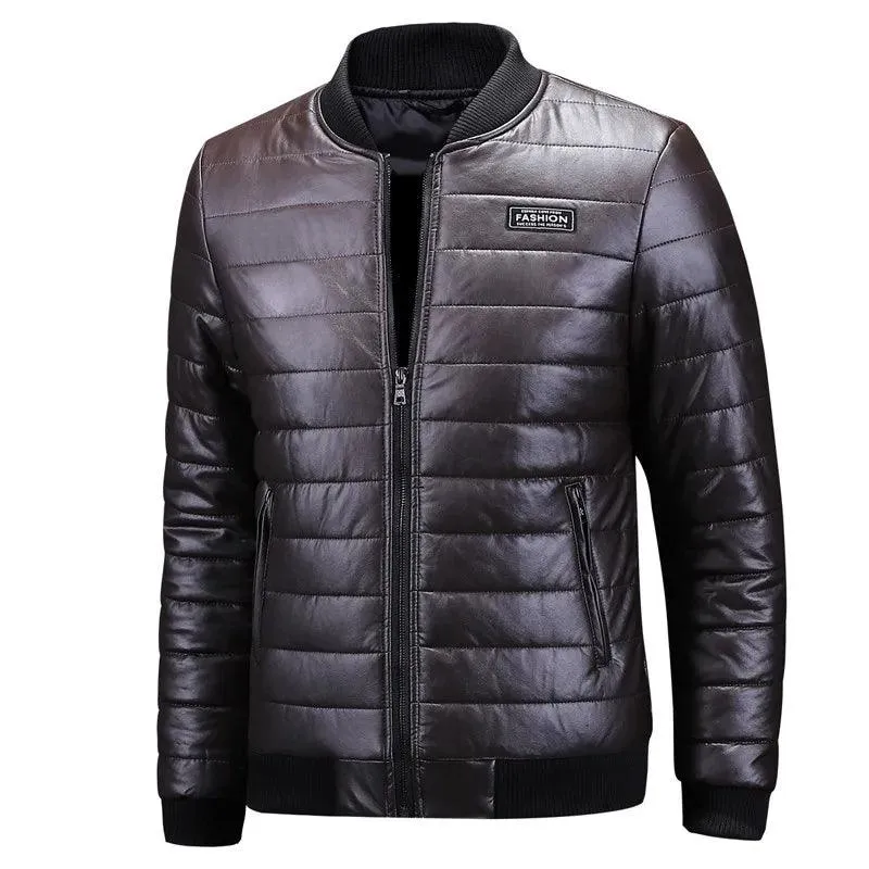 Men's Casual Slim Fit Plus Size Thick Winter Windbreaker PU Leather Jacket Coat
