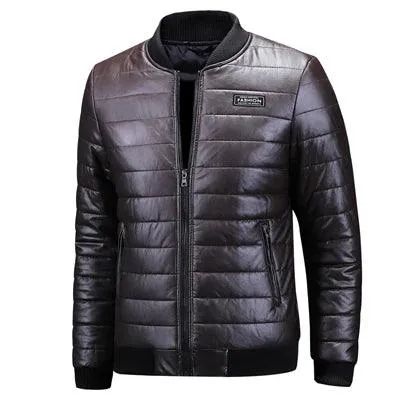 Men's Casual Slim Fit Plus Size Thick Winter Windbreaker PU Leather Jacket Coat