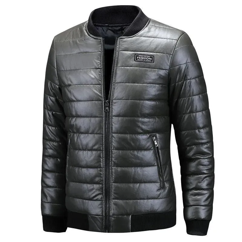 Men's Casual Slim Fit Plus Size Thick Winter Windbreaker PU Leather Jacket Coat