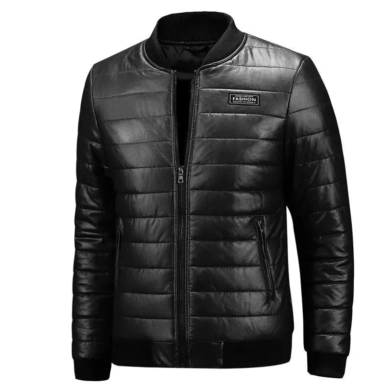 Men's Casual Slim Fit Plus Size Thick Winter Windbreaker PU Leather Jacket Coat