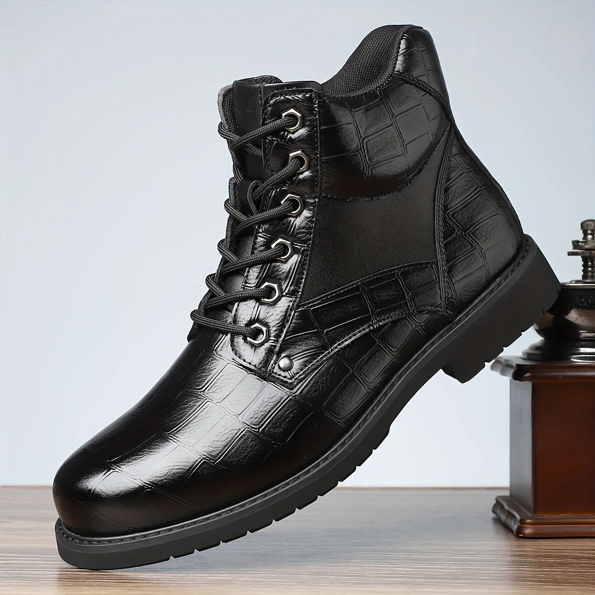 Men's Leather Hiking Boots - 27025: Stylish, Seasonless, and Durable PU Leather with Rubber Sole and Comfortable PU Lining