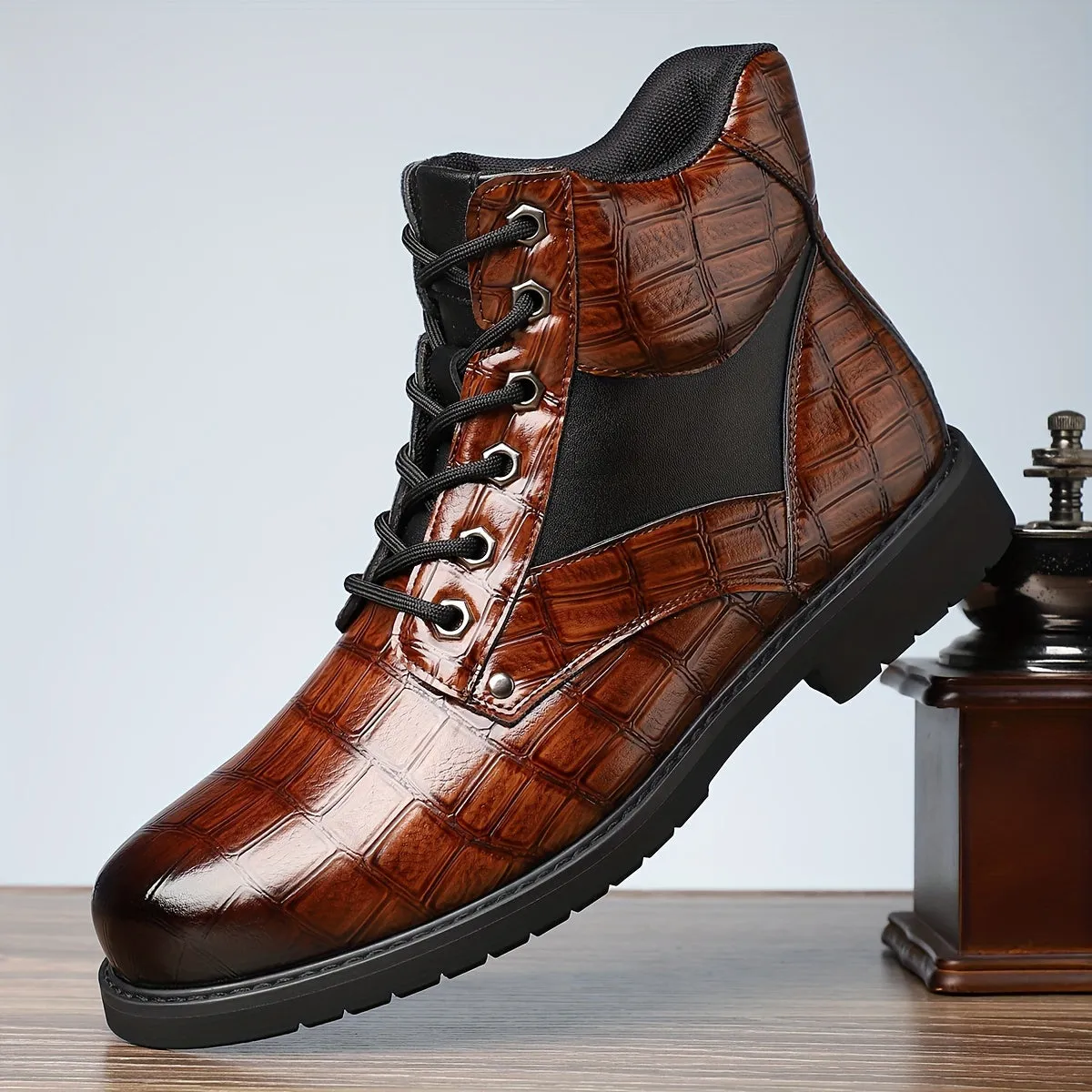 Men's Leather Hiking Boots - 27025: Stylish, Seasonless, and Durable PU Leather with Rubber Sole and Comfortable PU Lining
