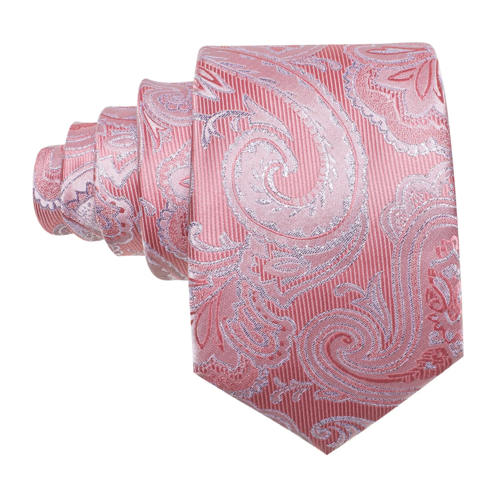 Men's Pink And White Paisley 100% Silk Neck Tie With Matching Hanky And Cufflinks Set